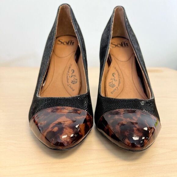 Sofft Marilla Leopard Cap Toe Pump in Black Leather sz 9.5 W NWOT Mob Wife Chic - Picture 1 of 6